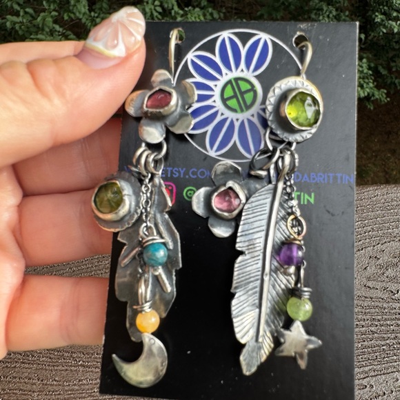 Silver 925 Floral Feather Talisman Earrings with Multicolor Gemstones - Picture 1 of 3